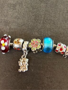 Pandora Multicolor Floral & Blue Murano Charm Bracelet 925 Sterling Silver